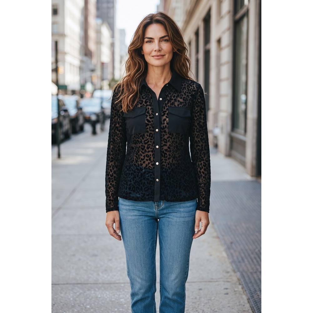 A Love Story Black Burnout Leopard Print Sheer Snap Front Blouse XL
